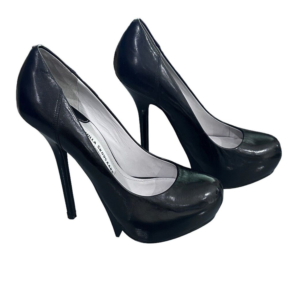 Camilla Skovgaard Stilettos Black Leather Covered Platform Round Toe 38.5  US 8